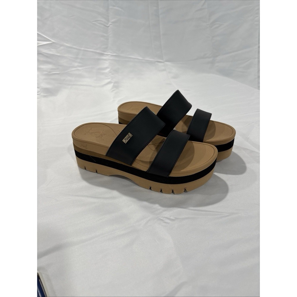 Reef Womens Banded Horizon 2.5 Slide Sandal Black Platform Size 6